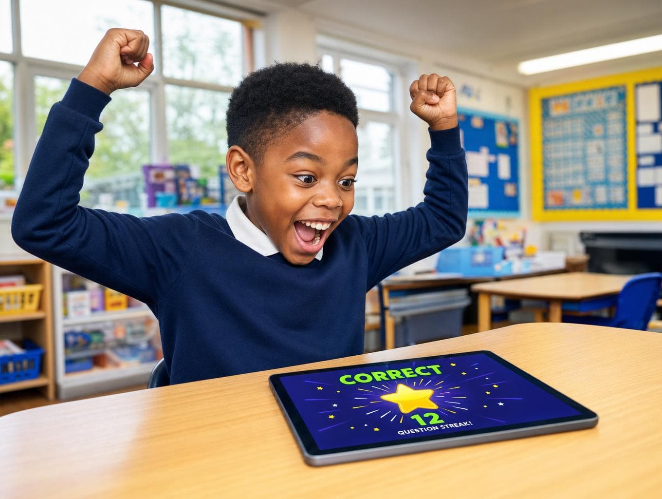 Two excited children celebrating their maths scores on a tablet in a classroom